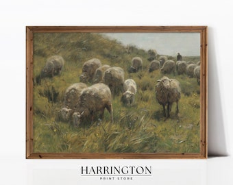 Sheep Oil Painting, Countryside Vintage Print, Vintage Landscape, Country Field Printable, Landscape Print Painting, Digital Download