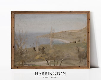 Vintage Neutral Beach Painting, Soft Coastal Landscape, Summer Vintage Landscape Print, Landscape Print Oil Painting, Digital Download