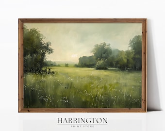 Countryside Vintage Print, Vintage Landscape, Spring Meadow Painting, Country Field Printable, Landscape Print Painting, Digital Download