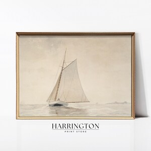 Sailing Boat Coastal Painting, Soft Neutral Beach, Summer Vintage Landscape Print, Vintage Landscape Print Oil Painting, Digital Download
