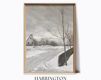Vintage Farmhouse Winter Print, Christmas Wall Decor, Holiday Farmhouse, Vintage Christmas Painting, Farmhouse Decor, Snowy Landscape Print