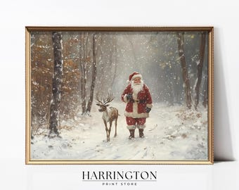 Santa Claus Reindeer Wall Art, Winter Landscape Wall Art, Farmhouse Oil Painting, Christmas Tree Artwork Holiday Decor, Trendy Xmas Wall Art