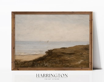Vintage Neutral Beach Painting, Soft Coastal Landscape, Summer Vintage Landscape Print, Landscape Print Oil Painting, Digital Download