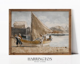 Vintage Neutral Boat Painting, Soft Coastal Landscape, Summer Vintage Landscape Print, Landscape Print Oil Painting, Digital Download