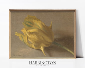 May include: A vintage painting of a single yellow tulip with a green stem, set against a muted brown background. The painting is framed in a gold frame.