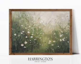 Spring Flower Meadow Painting, Countryside Vintage Print, Vintage Landscape, Country Field Printable, Landscape Print Painting, Digital