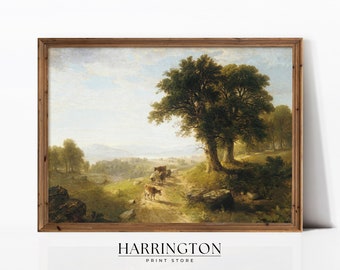 Countryside Vintage Print, Vintage Landscape, Spring Meadow Painting, Country Field Printable, Landscape Print Painting, Digital Download