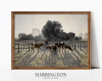 Farm Animal Painting, Countryside Vintage Print, Vintage Landscape, Country Field Printable, Landscape Print Painting, Digital Download