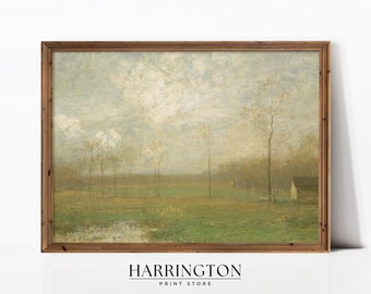 Vintage Country Landscape Print, Spring Meadow Painting, Country Field Printable, Landscape Painting, Country Farmhouse, Digital Download