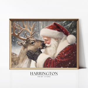 Vintage Santa Reindeer Print, Rustic Christmas Printables, Retro Santa Wall Art, Santa Claus Painting, Winter Holiday Decor Digital Download