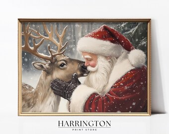 Vintage Santa Reindeer Print, Rustic Christmas Printables, Retro Santa Wall Art, Santa Claus Painting, Winter Holiday Decor Digital Download