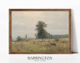 Countryside Vintage Print, Vintage Landscape, Spring Meadow Painting, Country Field Printable, Landscape Print Painting, Digital Download