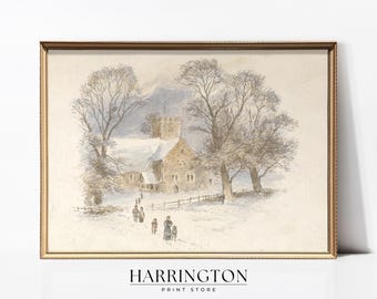 Rustic Winter Landscape Print, Christmas Wall Decor, Holiday Farmhouse, Vintage Christmas Painting, Farmhouse Decor, Snowy Landscape Print