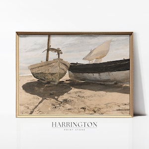 Vintage Neutral Boat Painting, Soft Coastal Landscape, Summer Vintage Landscape Print, Landscape Print Oil Painting, Digital Download