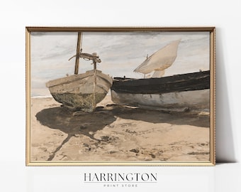 Vintage Neutral Boat Painting, Soft Coastal Landscape, Summer Vintage Landscape Print, Landscape Print Oil Painting, Digital Download