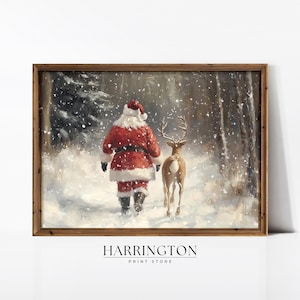 Santa Claus Reindeer Wall Art Print, Forest Snowfall in Winter Printable Christmas Home Decor, Digital Download, Holiday Home Improvement