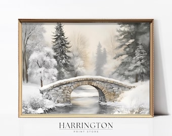 Vintage Farmhouse Winter Print, Christmas Wall Decor, Holiday Farmhouse, Vintage Christmas Painting, Farmhouse Decor, Snowy Landscape Print