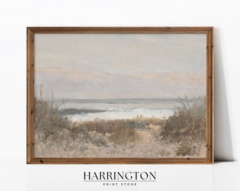 Vintage Neutral Beach Painting, Soft Coastal Landscape, Summer Vintage Landscape Print, Landscape Print Oil Painting, Digital Download