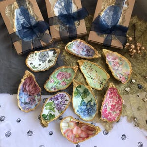 Floral Decoupage Oyster Shell Trinket Dish: Handmade Jewelry Holder