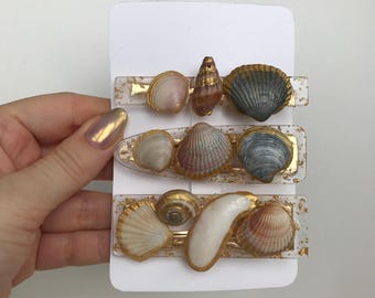 Handmade Sea Shell Hair Clips: Gold Barrette Set, Beach  display picture 2