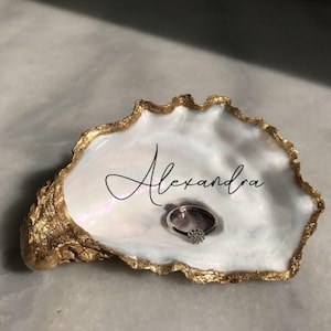 Personalized White & Gold Oyster Shell Trinket Dish | Mother-of-pearl Engagement Ring Dish With Gold Leaf | Wedding Ring Holder | Beach Gift