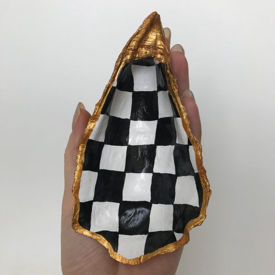 Checquered Shell Hand-painted Checkered Oyster Shell Trinket Dish: Coastal Ring Holder ...