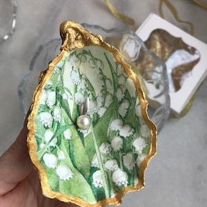 Lily of the Valley Gold Oyster Shell Ring Dish Trinket Dish | Floral Trinket Dish, Gold Ring Holder Green White Lily of the Valley Gift