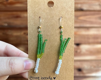 Handmade Beaded Green Onion Earrings (Scallion, Spring Onion)