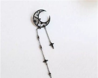 Long personalized single moon black tassel earrings