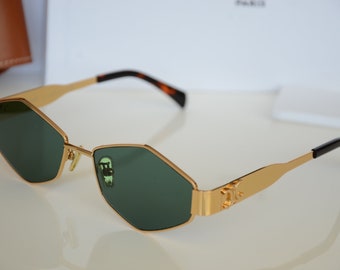 Celine Triomphe Lunettes de soleil dorées Lunettes en métal avec boîte CL40235U Sonnenbrille Gafas Occhiali Lunettes de soleil Verres verts