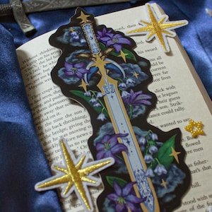Celestial Sword Bookmark with Gold Foil, Medieval Reading Accesory, Unique Fantasy book lover gift, Magical Floral Starry Sky Page Marker