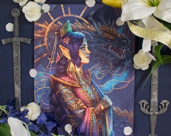 Magiczna elfka księżniczka smok, wydruk artystyczny, mistyczna sztuka ścienna fantasy, piękna sztuka fantasy do domu i biura, dzieło sztuki elfa