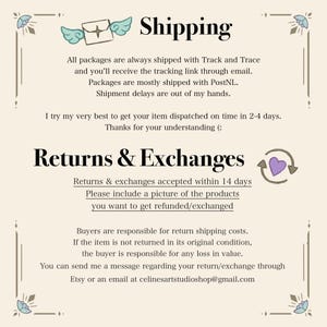 Może przedstawiać: Grafika z tekstem "Shipping" i "Returns & Exchanges". Tekst opisuje politykę wysyłki i zwrot&oacute;w sklepu. Grafika zawiera fioletowe serce z krążącą wok&oacute;ł niego strzałką.