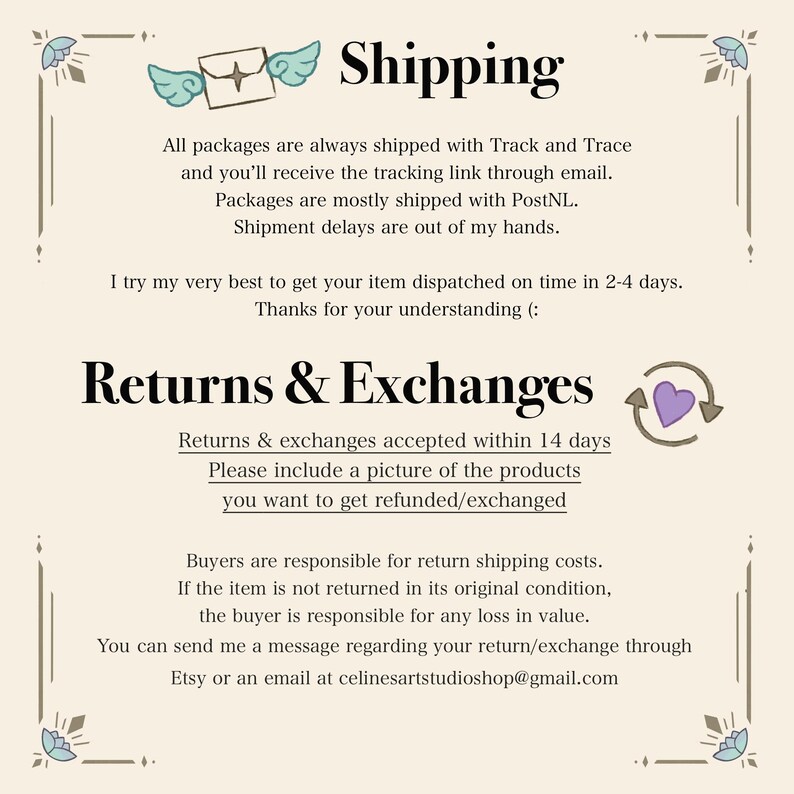 Może przedstawiać: Grafika z tekstem "Shipping" i "Returns & Exchanges". Tekst opisuje politykę wysyłki i zwrot&oacute;w sklepu. Grafika zawiera fioletowe serce z krążącą wok&oacute;ł niego strzałką.