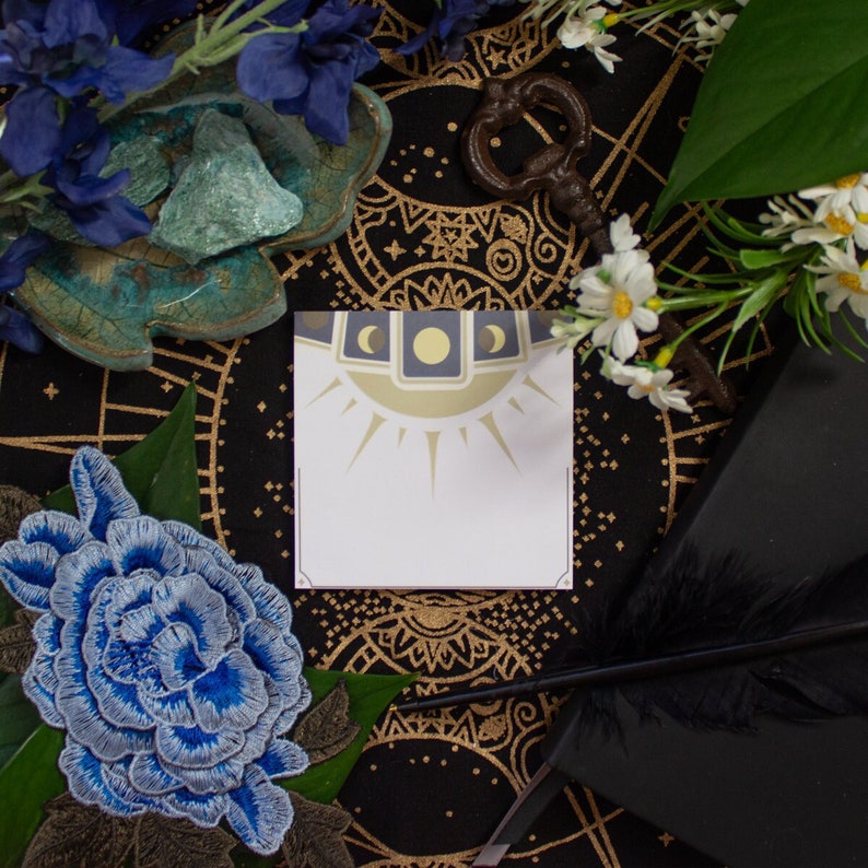 Flatlay photo of the Witchy Minimalist Sun and Moon Tarot Card Sticky Notes