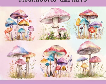 Set of 12 mushroom clipart images (png). Commercial use. Forest watercolor design. Digital Download. Magic mushroom pastel tone
