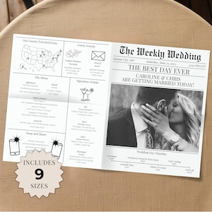 Hochzeitszeitungs-Programm, Hochzeits-Menü, Zeitungs-Willkommens-Tasche, Hochzeitszeitung, Hochzeitsplan, Canva