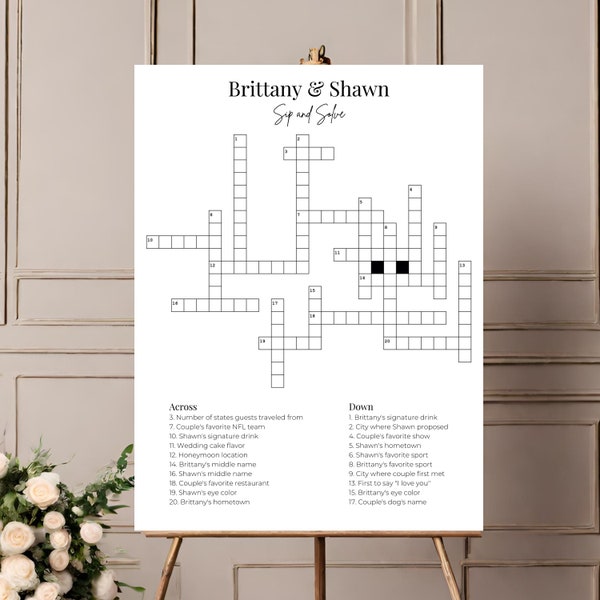 Wedding Crossword Sip and Solve, Bridal Shower Crossword, Wedding Signage, Bachelorette Party Games, Wedding Games Cocktail Hour Printable