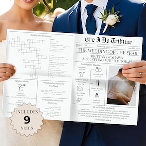 Può includere: Un modello di giornale di annuncio di matrimonio con un cruciverba, una sequenza temporale del giorno del matrimonio e un elenco di bevande firmate. Il titolo principale recita "The I Do Tribune" e "The Wedding of the Year" con i nomi della coppia, Brittany & Shawn, e la data "Saturday, June 14, 2025".