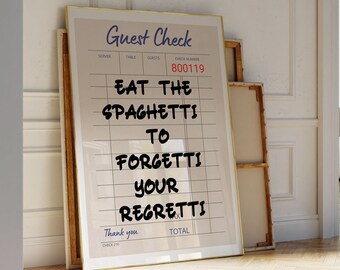 Guest check print, Funny quote wall art kitchen decor, Trendy retro funky decor poster, College apartment decor, Aesthetic wall art