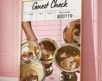 Champagne Guest Check Print, Trendy Wall Art Prints, Bar Cart Decor, Girly Pink Art, Digital Prints, Preppy College Apartment Print