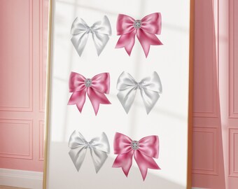 Trendy Bows Coquette Art Print, White Pink Girly Wall Art, Coquette Room Decore, Preppy Poster, Soft Girl Decor, Digital Download