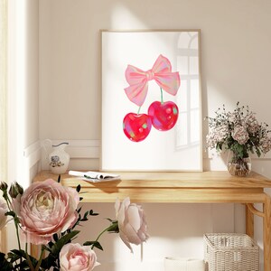 Cherry Wall Art Print, Coquette Pink Bow Soft Girl Bedroom Decor ...