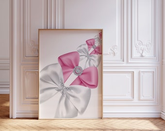 Trendy Bows Coquette Art Print, White Pink Girly Wall Art, Coquette Room Decore, Preppy Poster, Soft Girl Decor, Digital Download