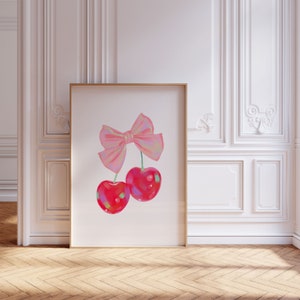 Cherry Wall Art Print, Coquette Pink Bow Soft Girl Bedroom Decor, Printable Feminine Poster, Trendy Wall Art, Preppy Print, Digital Download