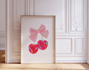 Cherry Wall Art Print, Coquette Pink Bow Soft Girl Bedroom Decor, Printable Feminine Poster, Trendy Wall Art, Preppy Print, Digital Download