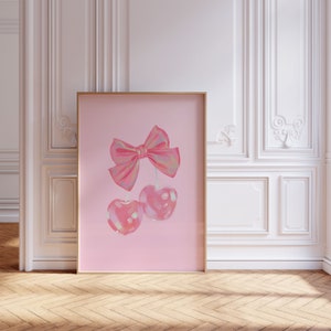 Cherry Wall Art Print, Coquette Pink Bow Soft Girl Bedroom Decor, Printable Feminine Poster, Trendy Wall Art, Preppy Print, Digital Download