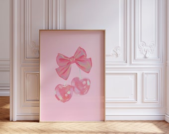 Cherry Wall Art Print, Coquette Pink Bow Soft Girl Bedroom Decor, Printable Feminine Poster, Trendy Wall Art, Preppy Print, Digital Download