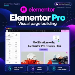 Op de afbeelding: Een digitale productafbeelding voor de visuele paginabouwsoftware Elementor Pro. De interface toont een website-editor met een zijbalk met widgets en een canvas met de titel Modification to the Elementor Pro Essential Plan.
