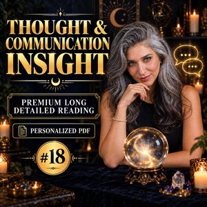 May include: A digital graphic featuring the text THOUGHT & COMMUNICATION INSIGHT, PREMIUM LONG DETAILED READING, PERSONALIZED PDF, and #18. A glowing crystal ball sits on a dark surface, with a person with long gray hair positioned behind it.